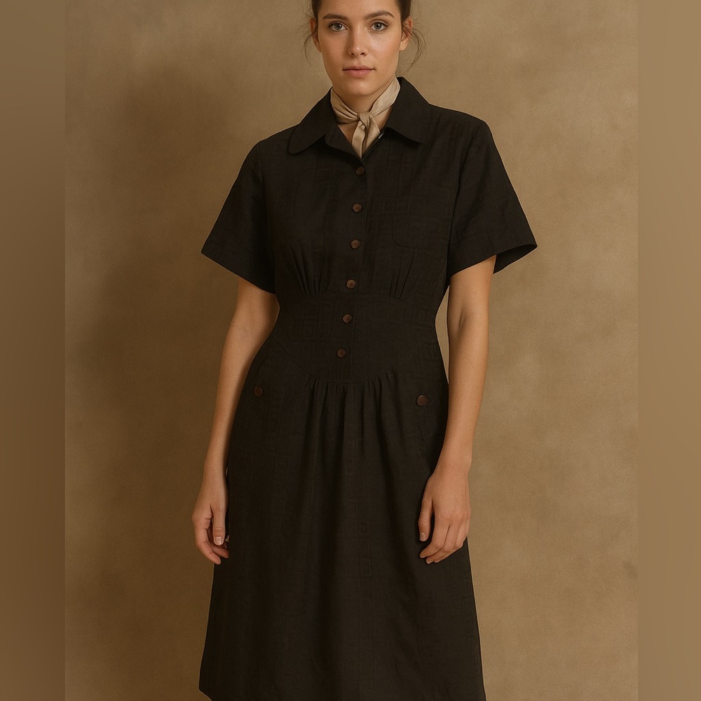 Donna Morgan Elegant Black Button-Up Dress SZ 10 Flattering Chic‎ Career